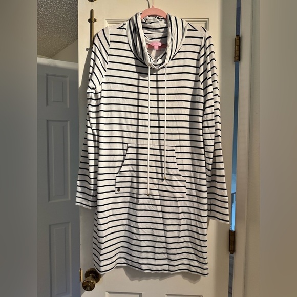 Lilly Pulitzer Hillary Popover Dress UPF 50+ Cowl Neck Stripe Navy White Large - Picture 4 of 11
